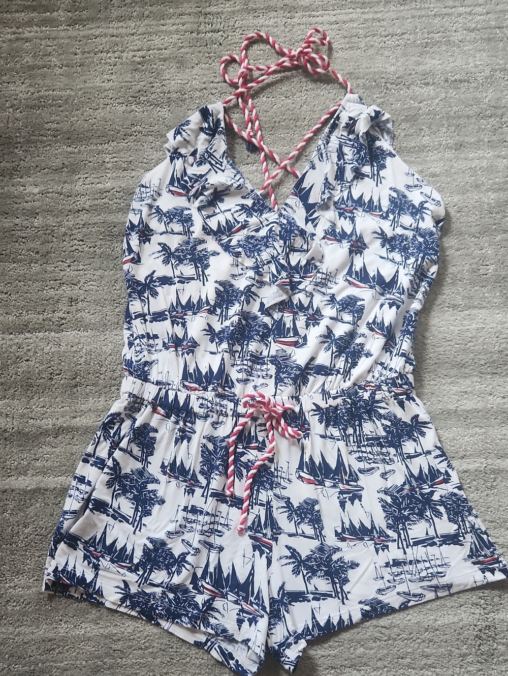 Sperry Navy and White Nautical Print Top with Red Accent